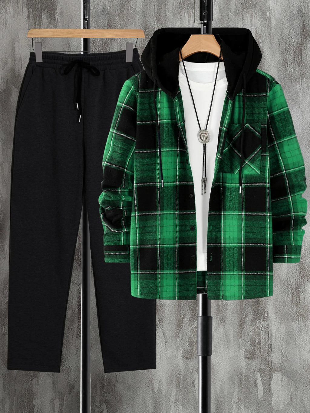 High Street Fashion Men's Woven Plaid Long Sleeve Casual Hoodie & Pants Suit for Autumn/Winter Sports