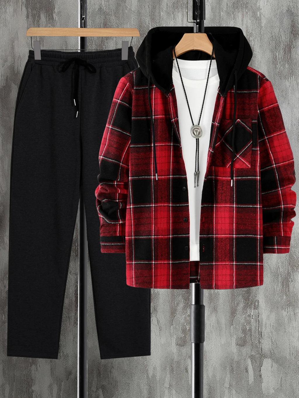 High Street Fashion Men's Woven Plaid Long Sleeve Casual Hoodie & Pants Suit for Autumn/Winter Sports