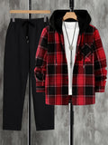 High Street Fashion Men's Woven Plaid Long Sleeve Casual Hoodie & Pants Suit for Autumn/Winter Sports