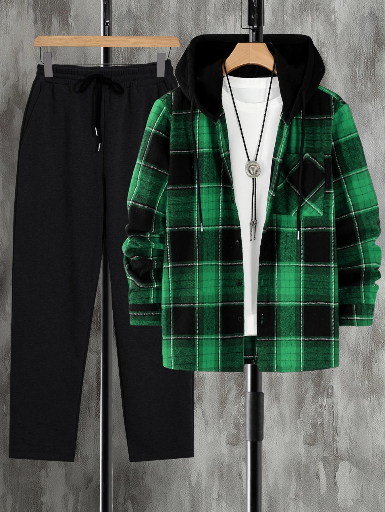 High Street Fashion Men's Woven Plaid Long Sleeve Casual Hoodie & Pants Suit for Autumn/Winter Sports