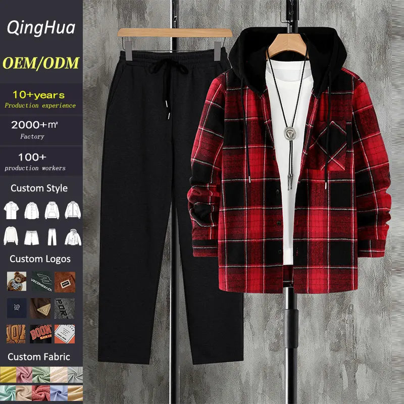 High Street Fashion Men's Woven Plaid Long Sleeve Casual Hoodie & Pants Suit for Autumn/Winter Sports