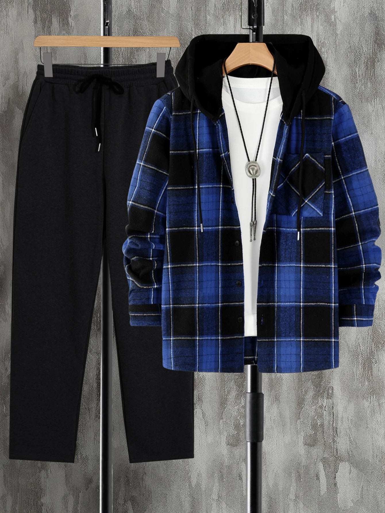 High Street Fashion Men's Woven Plaid Long Sleeve Casual Hoodie & Pants Suit for Autumn/Winter Sports