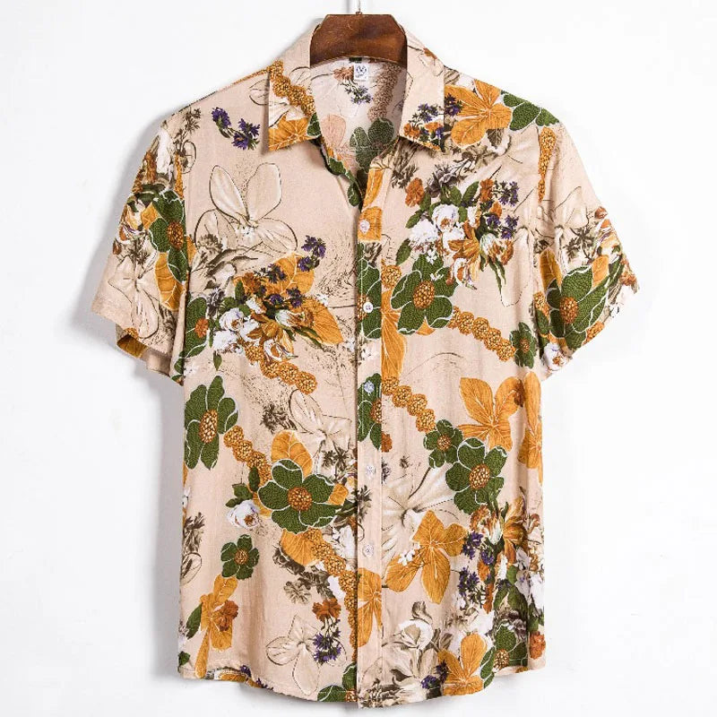 Men's Summer Plus Size Short Sleeve Viscose Cotton Shirt Tuxedo Printed Floral Stylish Shirts Men