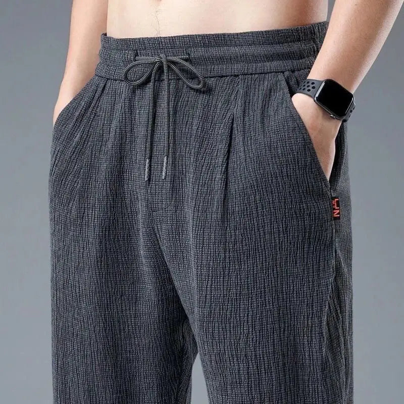 Summer Ice Silk Man Jogger Linen Pants Casual Wide Summer Sweatpants Male Spring Lightweight Halking Harem Trousers