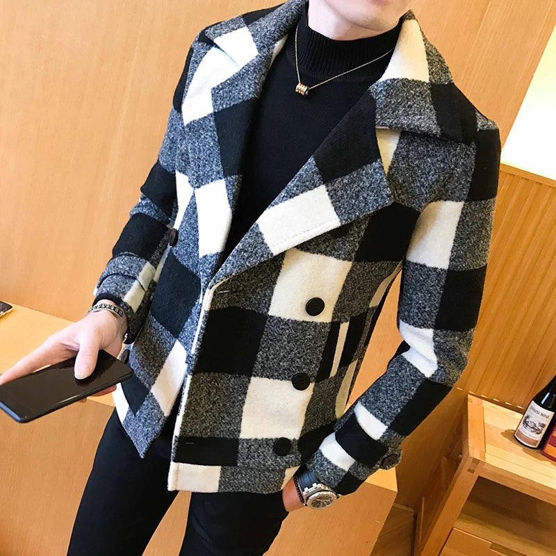 2022 new double-breasted trench coat Veste homme fashion retro tartan jacket autumn and winter men's slim short woolen coat