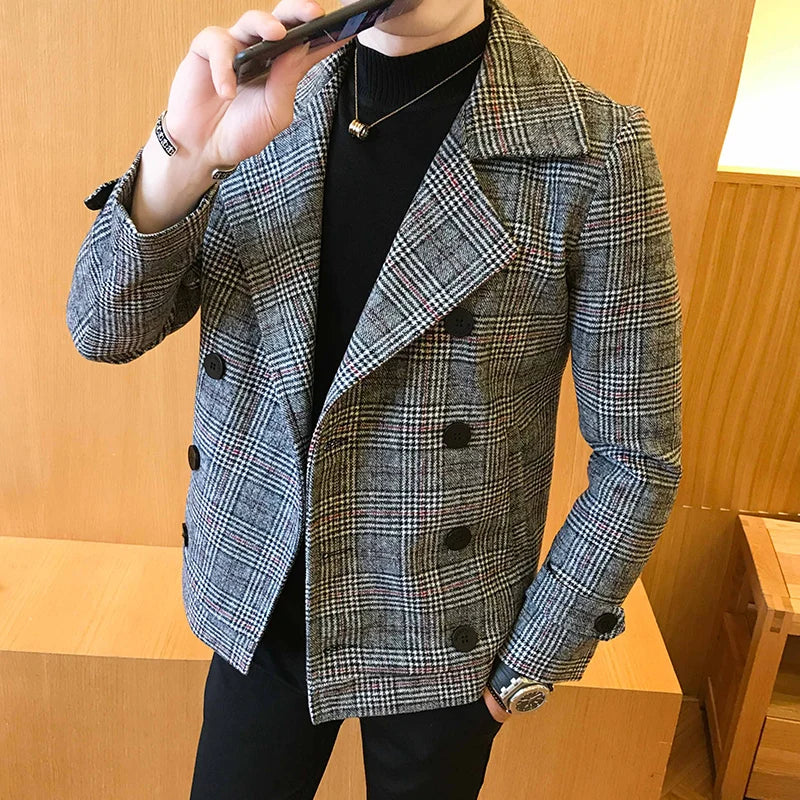 2022 new double-breasted trench coat Veste homme fashion retro tartan jacket autumn and winter men's slim short woolen coat