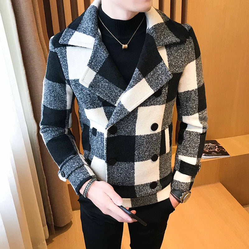2022 new double-breasted trench coat Veste homme fashion retro tartan jacket autumn and winter men's slim short woolen coat
