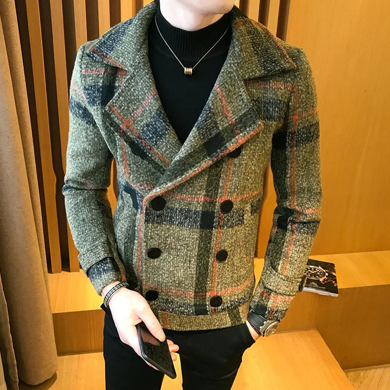 2022 new double-breasted trench coat Veste homme fashion retro tartan jacket autumn and winter men's slim short woolen coat