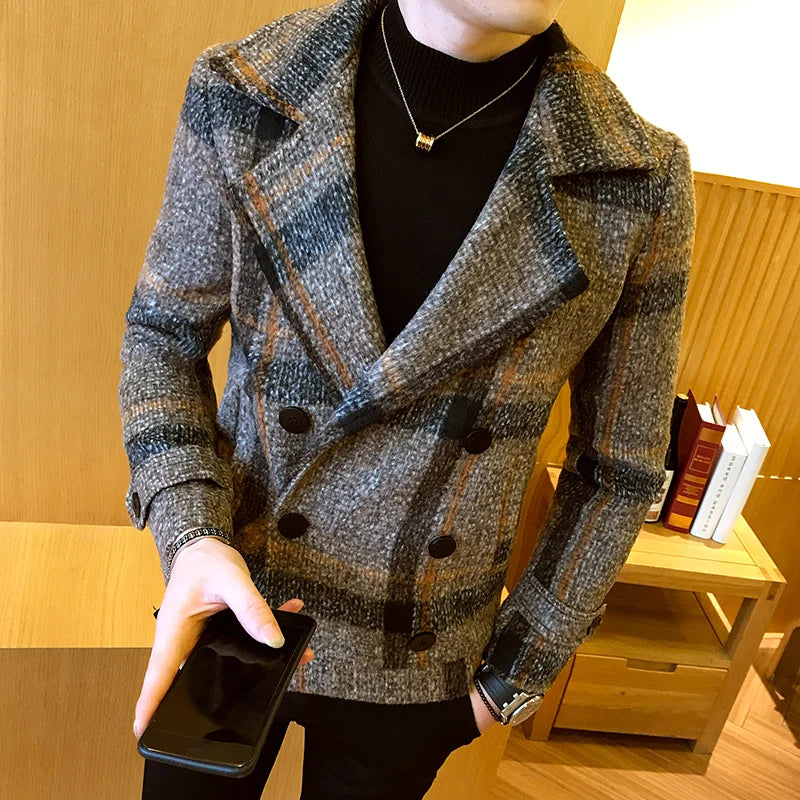 2022 new double-breasted trench coat Veste homme fashion retro tartan jacket autumn and winter men's slim short woolen coat