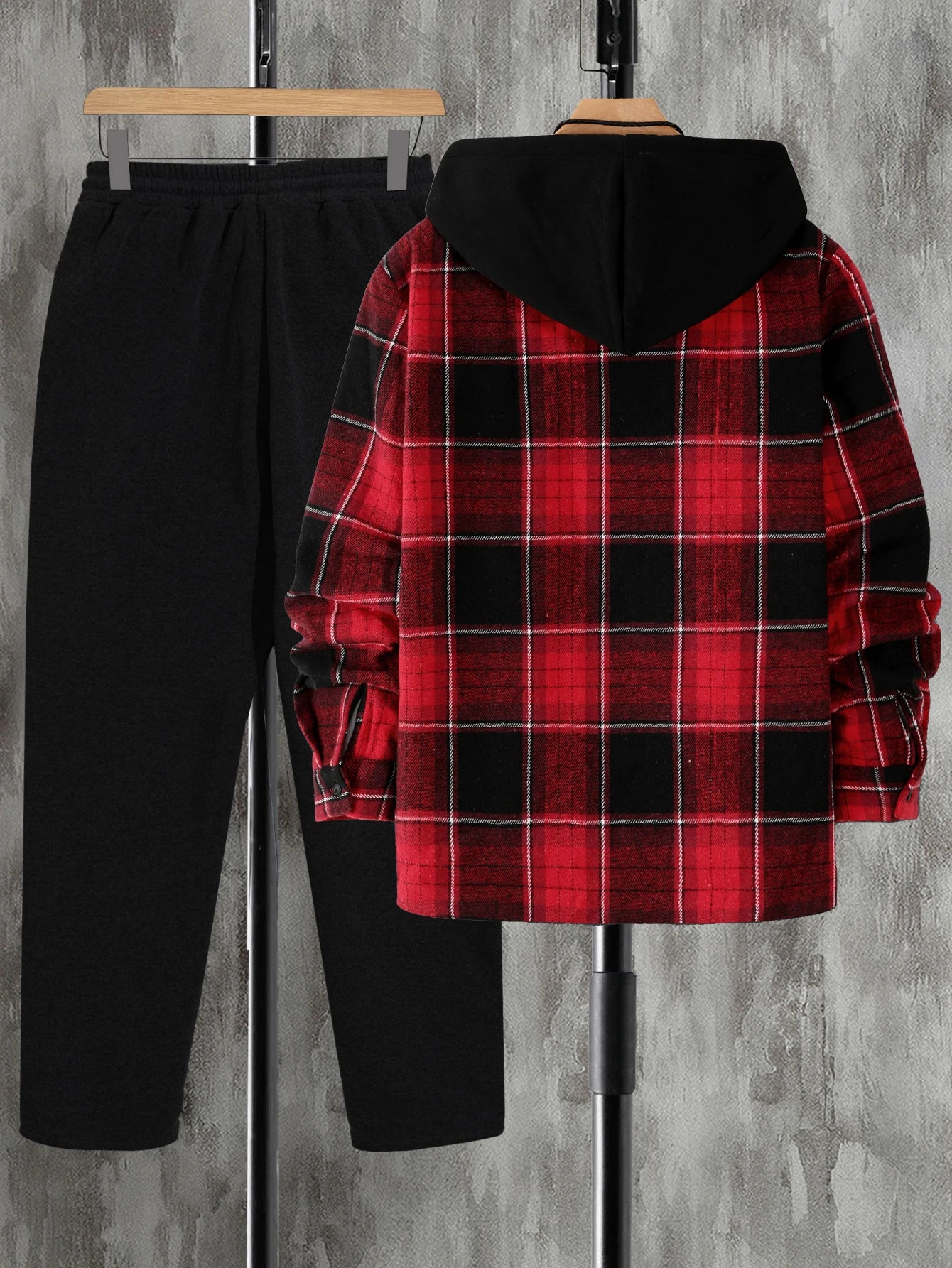 High Street Fashion Men's Woven Plaid Long Sleeve Casual Hoodie & Pants Suit for Autumn/Winter Sports