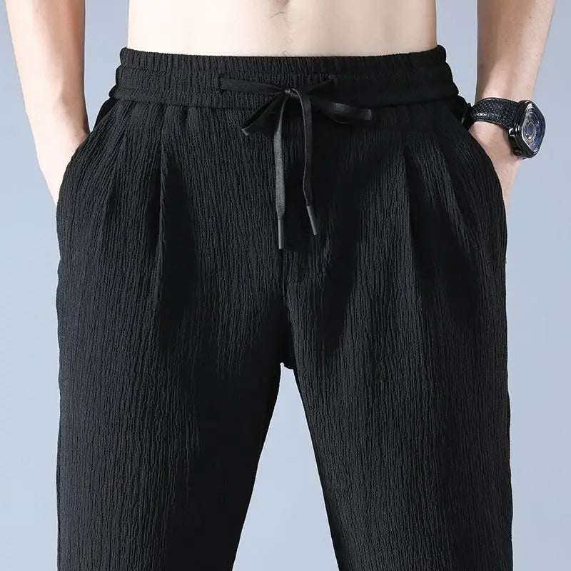 Summer Ice Silk Man Jogger Linen Pants Casual Wide Summer Sweatpants Male Spring Lightweight Halking Harem Trousers