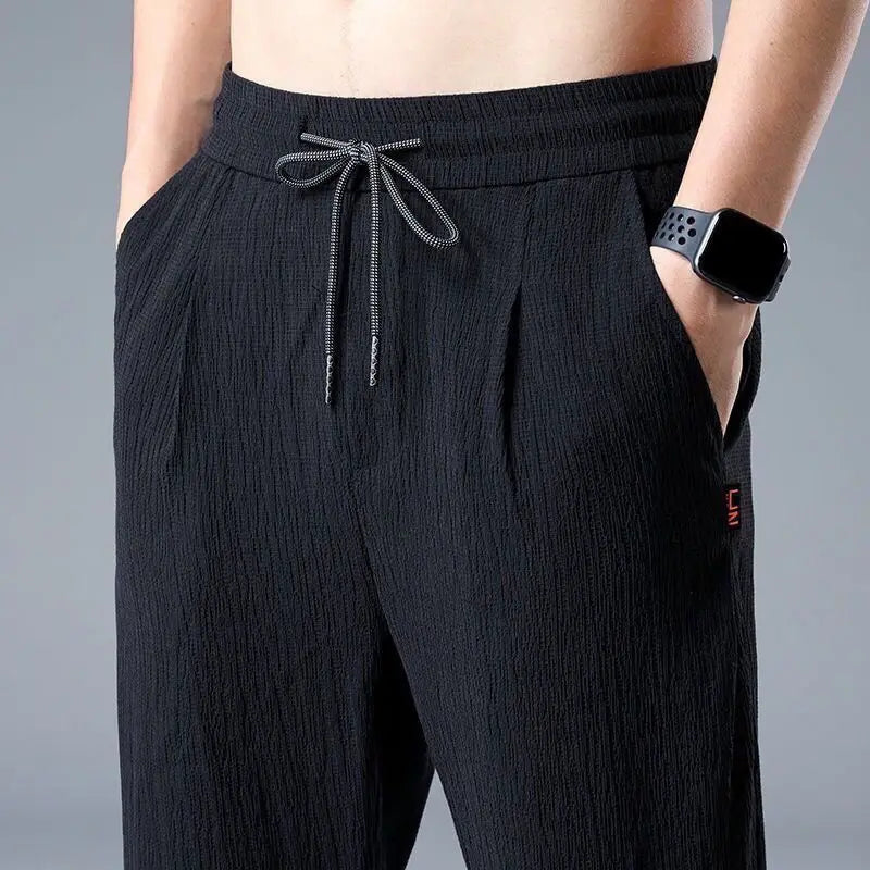 Summer Ice Silk Man Jogger Linen Pants Casual Wide Summer Sweatpants Male Spring Lightweight Halking Harem Trousers