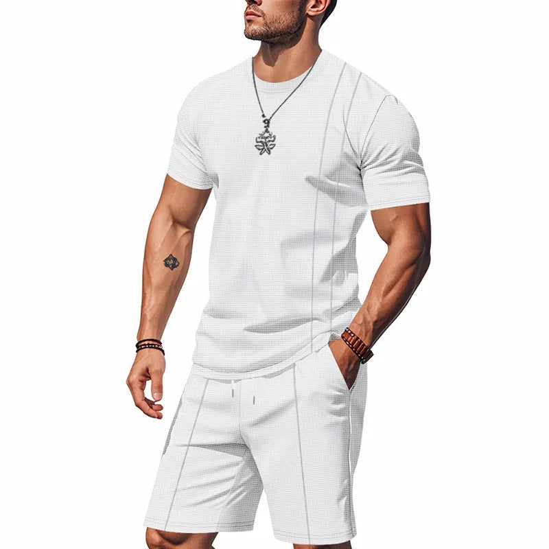 Men's Waffle Knit 2 Piece Tracksuit Set Solid Color Short Sleeve Crew Neck T Shirt Elastic Waist Shorts Summer Casual  Outfit.