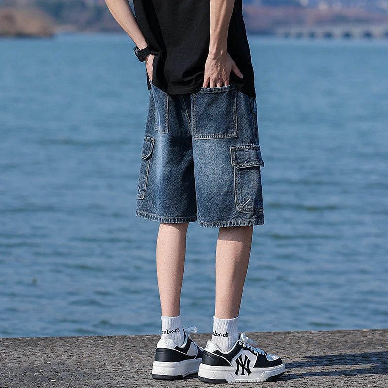 Vintage Blue Men's Denim Shorts Summer New Large Pocket Loose Wide Leg Cargo Jeans Knee Length Elastic Waist Casual Shorts