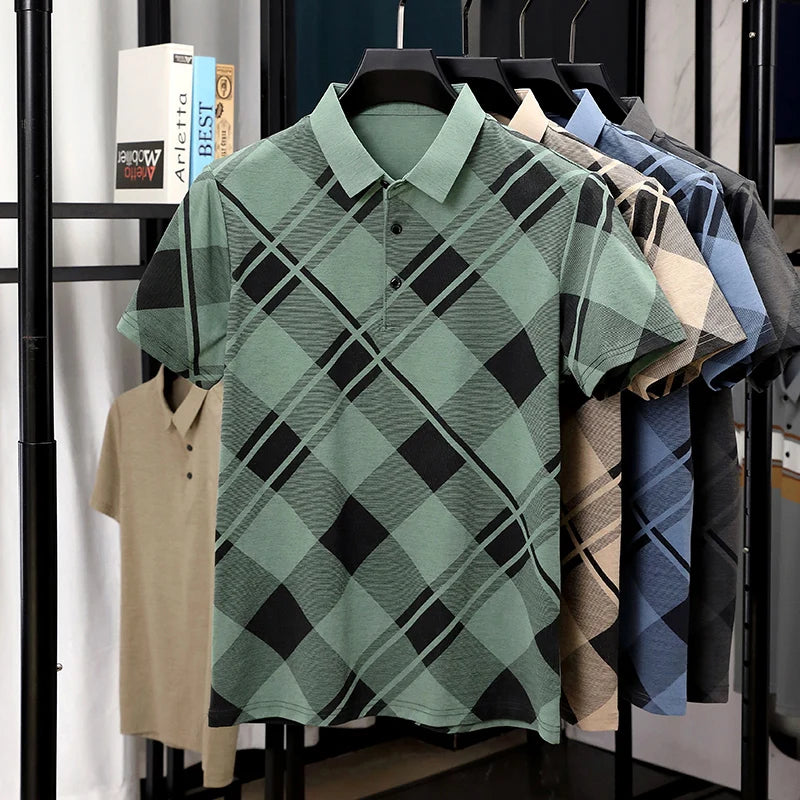 Mens Short Sleeve Big Tartan Diagonal Grid Printed Polo Tees Two Tone Placket Buttons Slim Fit Fashion Tops For Men