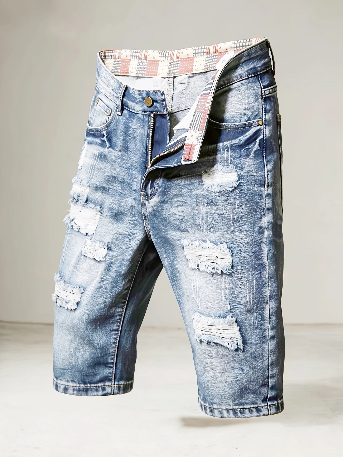 Men's Casual Spring/Summer Denim Shorts - Distressed Denim Shorts with Frayed Edges and Patchwork Details, Fashionable Street-St