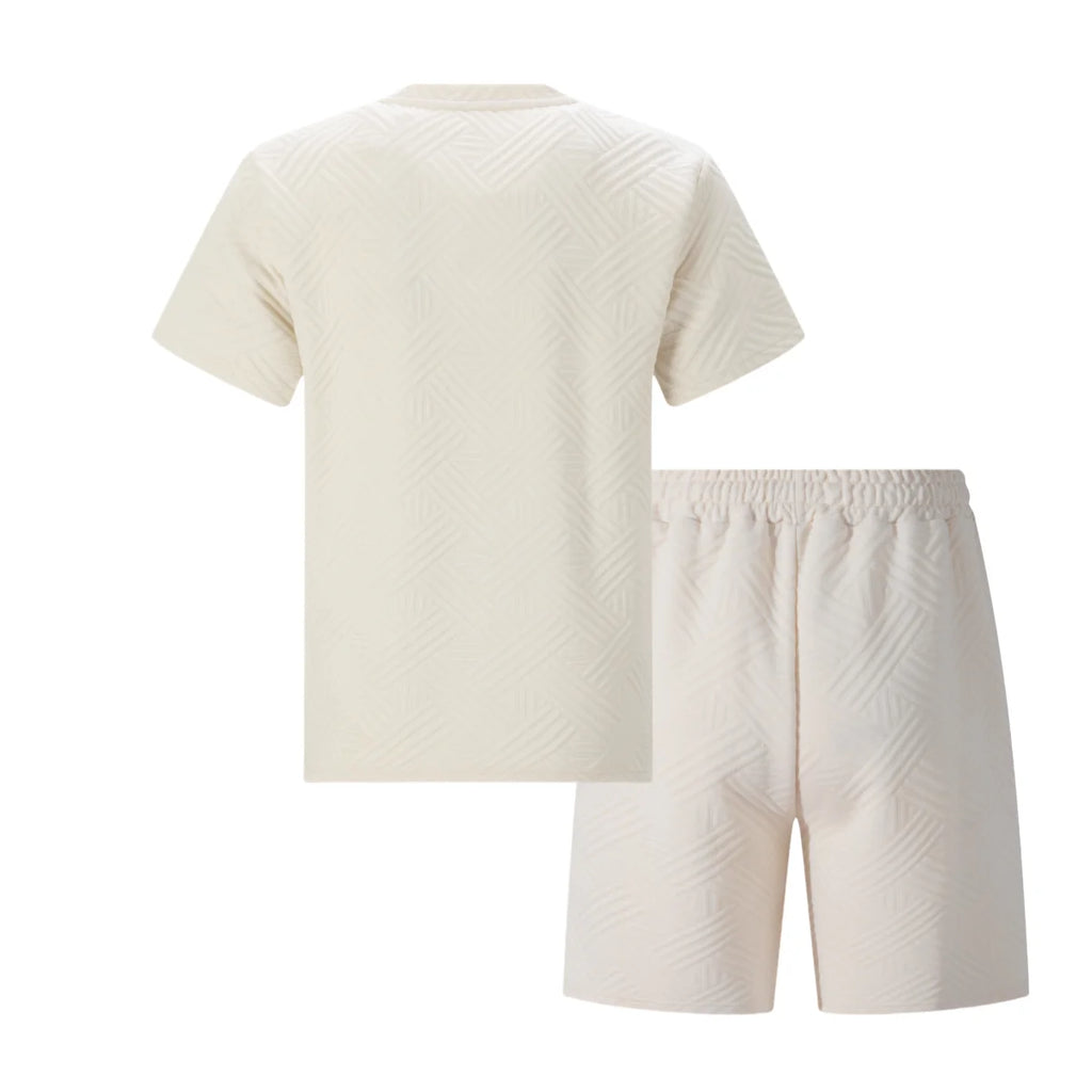2026 Men's Summer Beige Geometric Textured 2 Piece Set Crew Neck Short Sleeve T-Shirt & Drawstring Shorts Tracksuit