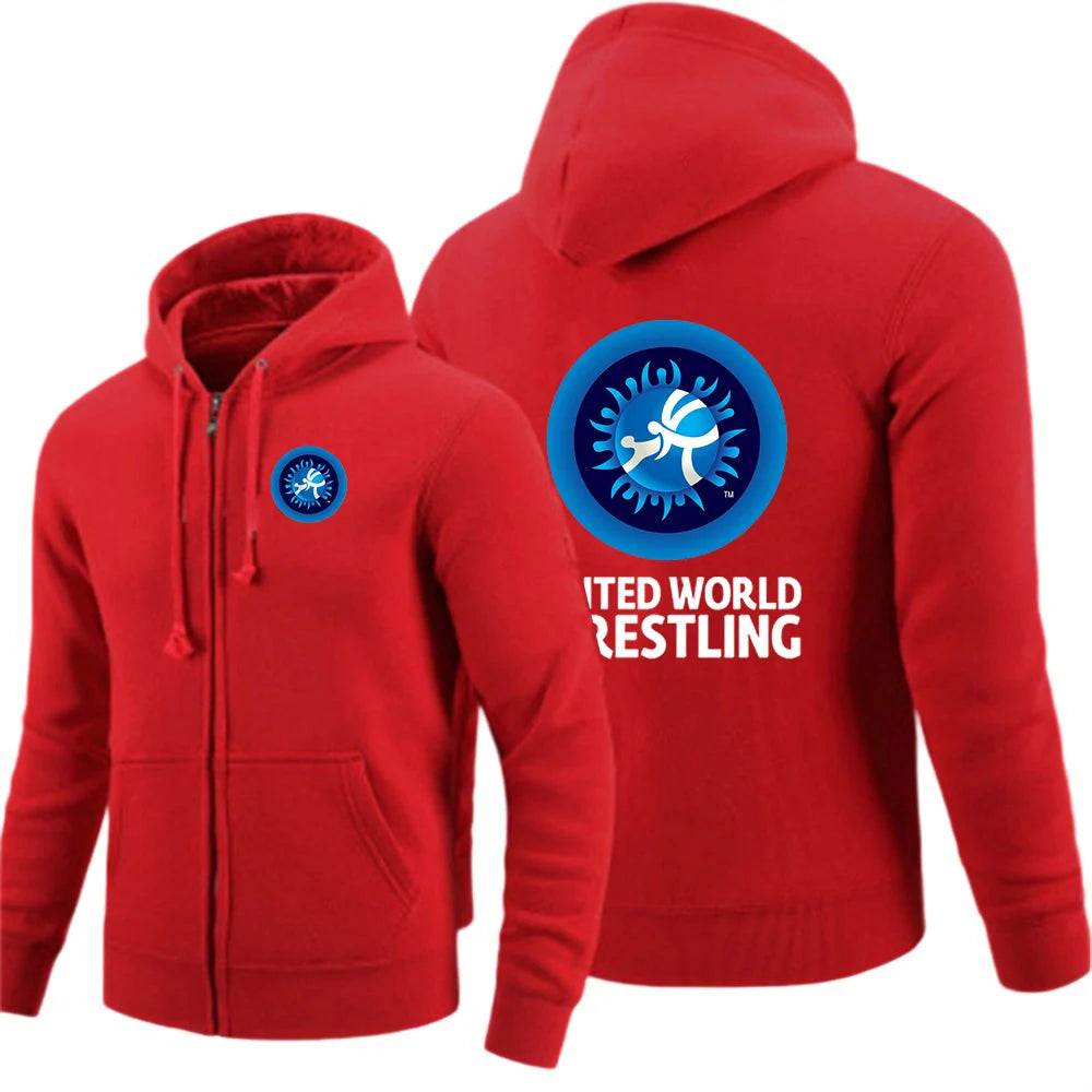United World Wrestling UWW Logo Men's solid-colored zipper sweatshirts are suitable for spring and autumn hoodies jacket