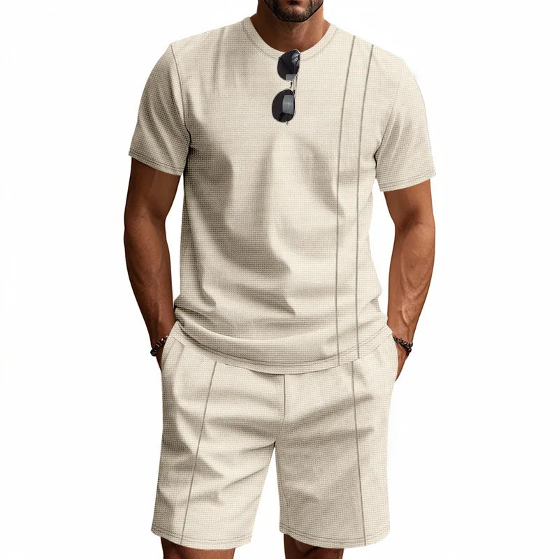 Men's Waffle Knit 2 Piece Tracksuit Set Solid Color Short Sleeve Crew Neck T Shirt Elastic Waist Shorts Summer Casual  Outfit.