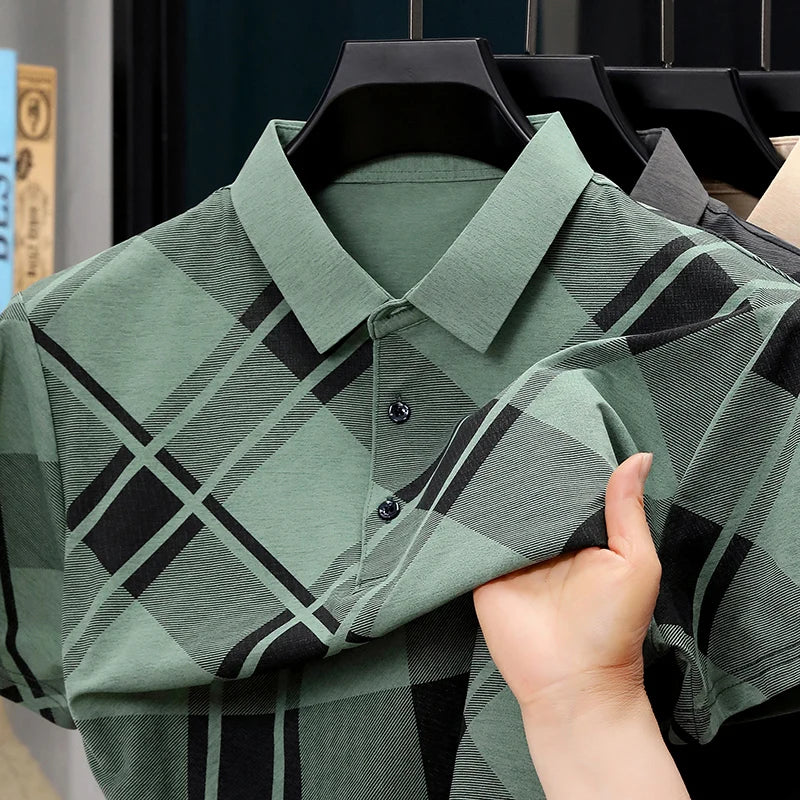 Mens Short Sleeve Big Tartan Diagonal Grid Printed Polo Tees Two Tone Placket Buttons Slim Fit Fashion Tops For Men