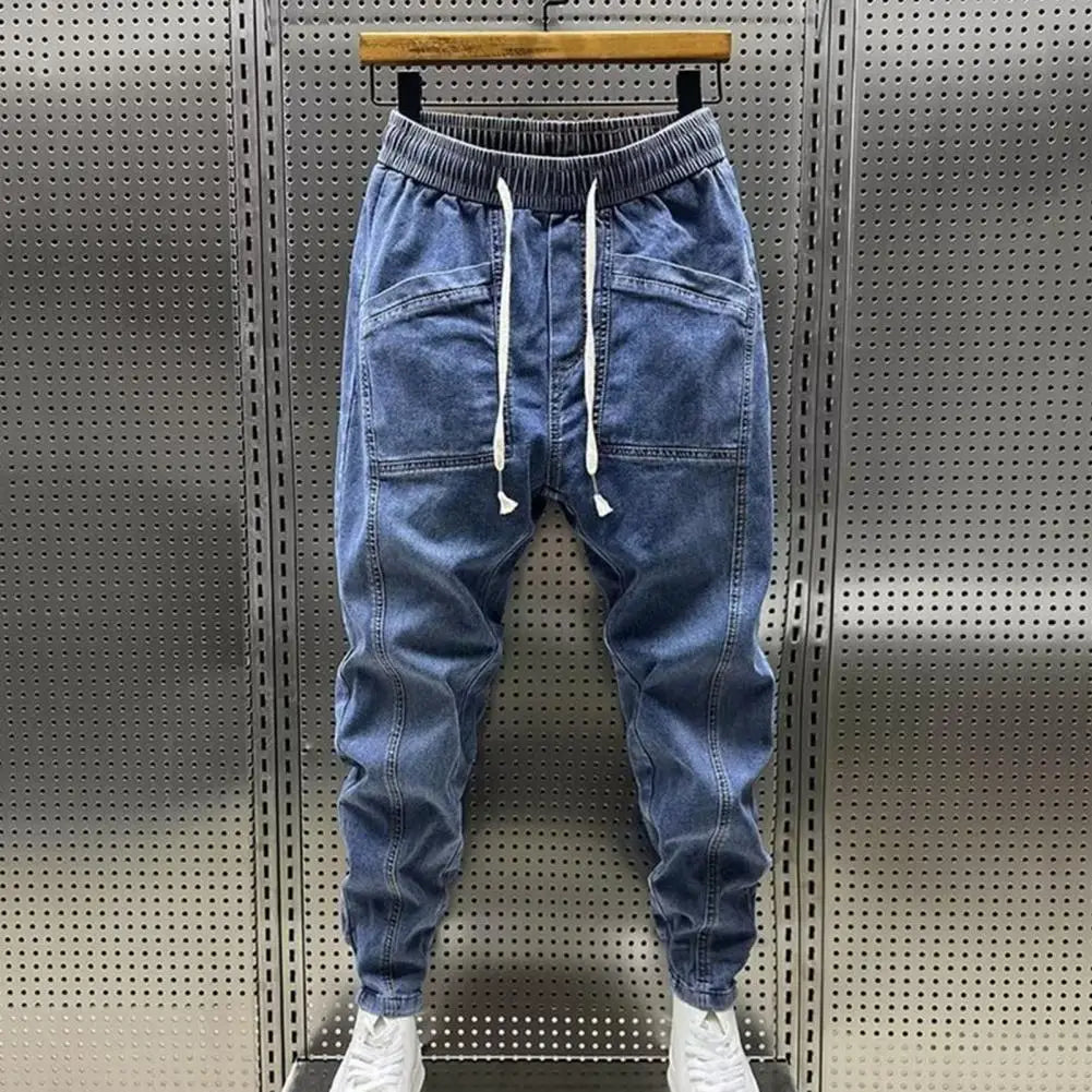 Men Jeans Cargo Harem Denim Pants Drawstring Waist Men's Hip Hop Casual Pants Running Workout Long Pants Men Jogger Sweatpants