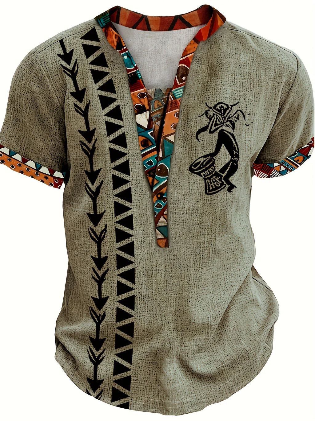 Mens Tribal Digital Print Henley Shirt Short Sleeve Six Button Hem Summer European American Youth Casual Fashion Beach Top