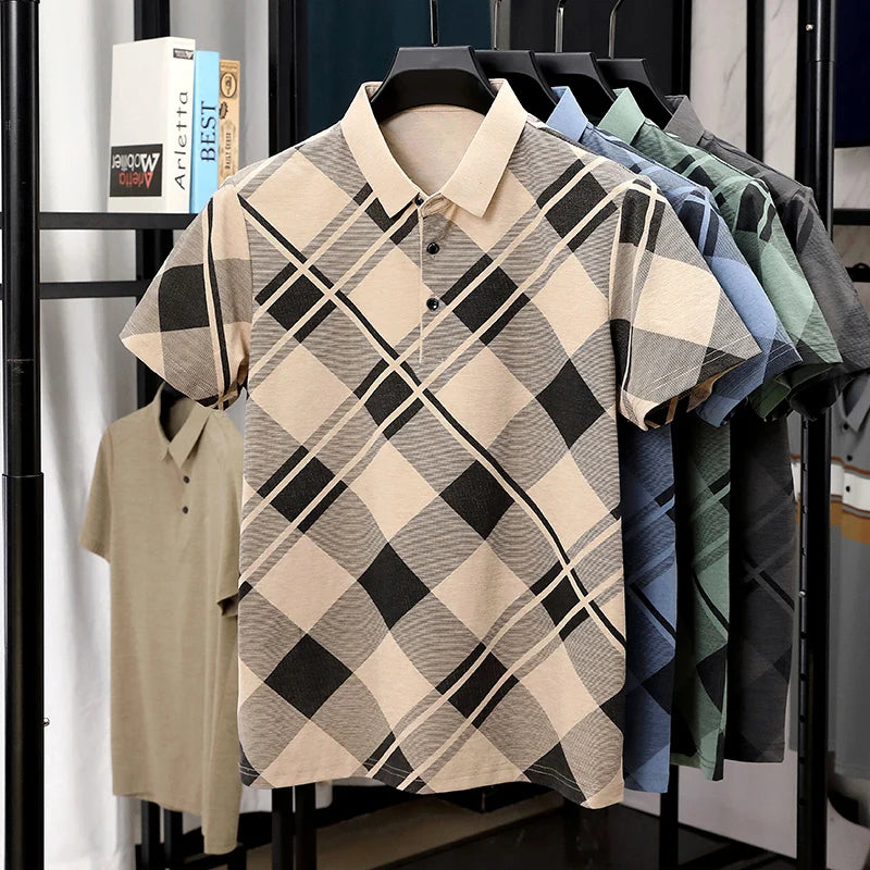 Mens Short Sleeve Big Tartan Diagonal Grid Printed Polo Tees Two Tone Placket Buttons Slim Fit Fashion Tops For Men