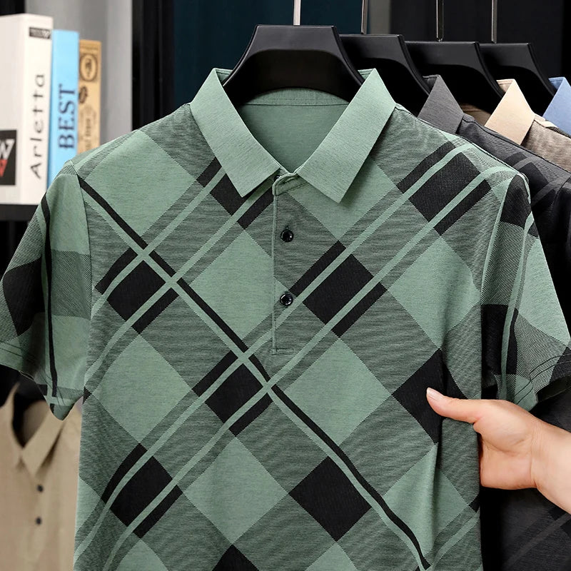 Mens Short Sleeve Big Tartan Diagonal Grid Printed Polo Tees Two Tone Placket Buttons Slim Fit Fashion Tops For Men