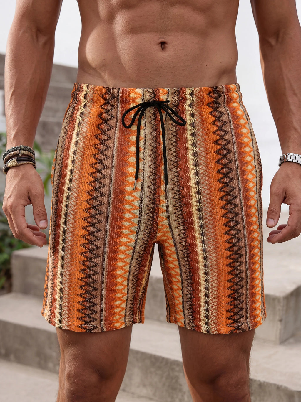 Summer New Bohemian Style Men's Beach Pants, Summer Breathable Ethnic Pattern Casual Shorts