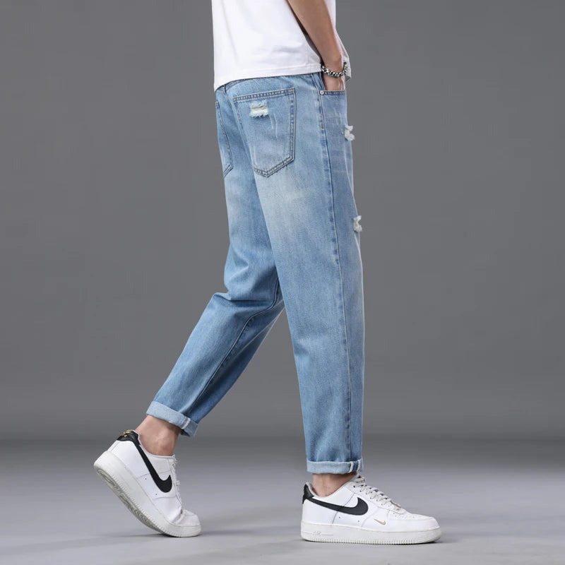 2026 Spring Summer Men's Ripped Jeans Cotton Trendy Straight Casual Denim Pants Trousers Outdoor Pastoral Outing