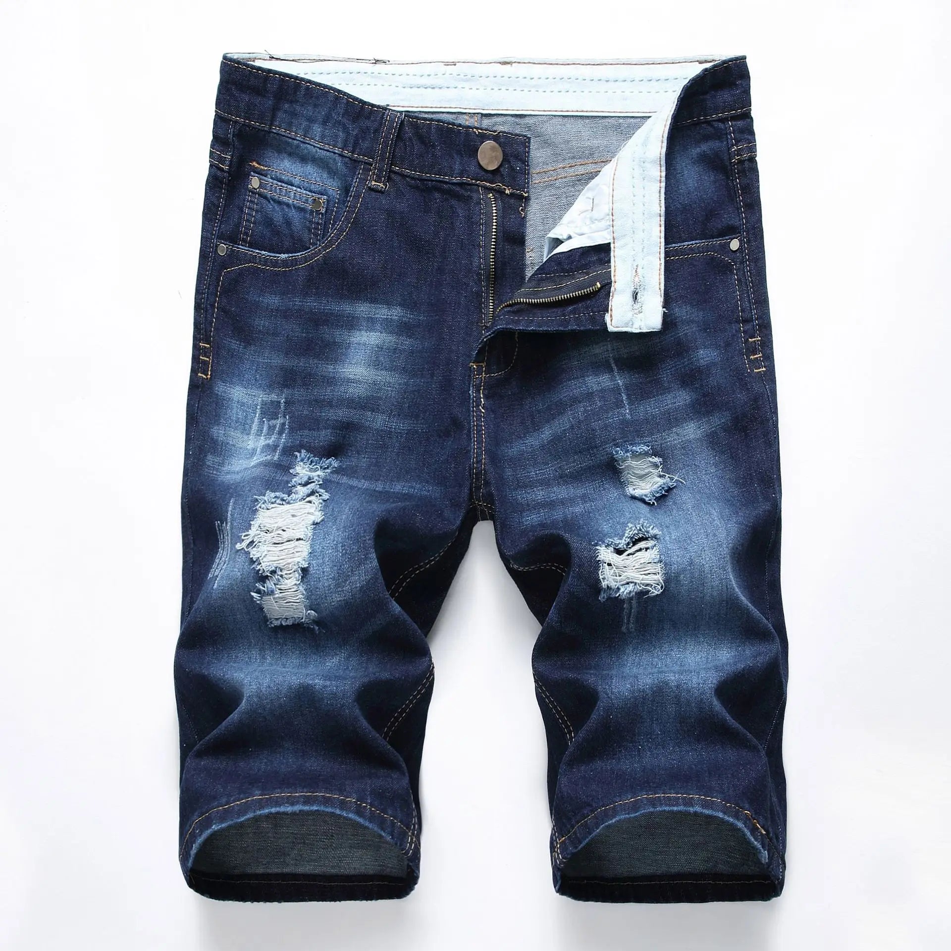 New Summer Vintage Washed Men Denim Shorts Casual Fashion Street Wear Ripped Hole Patches Distressed Male Straight Jeans Shorts