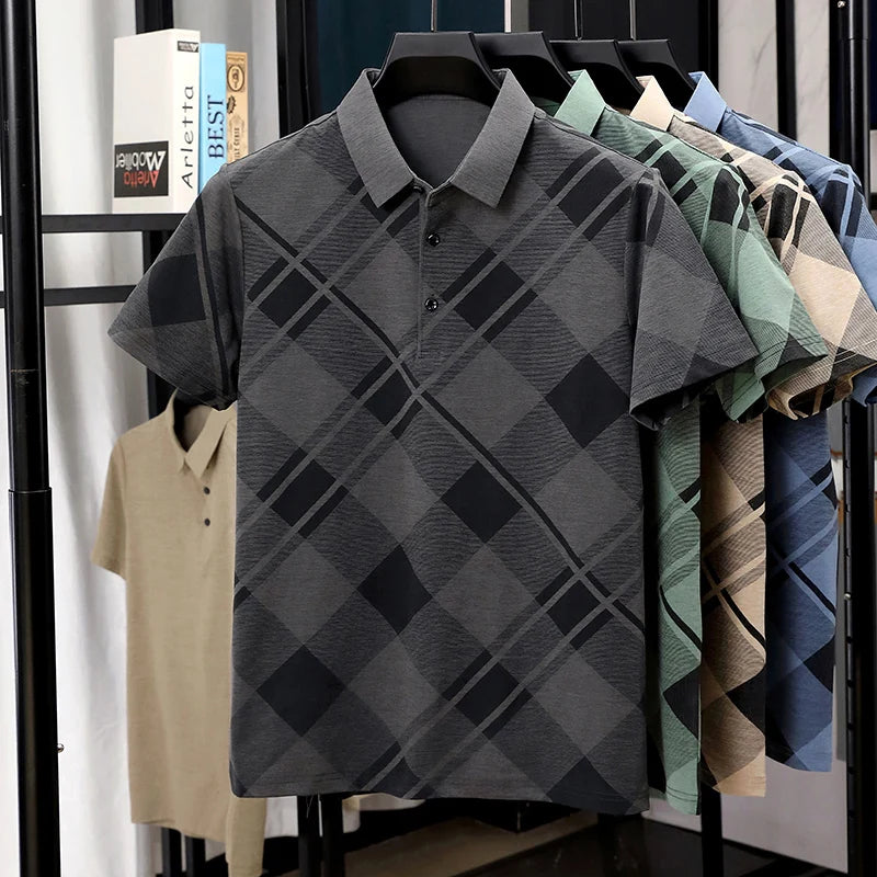Mens Short Sleeve Big Tartan Diagonal Grid Printed Polo Tees Two Tone Placket Buttons Slim Fit Fashion Tops For Men