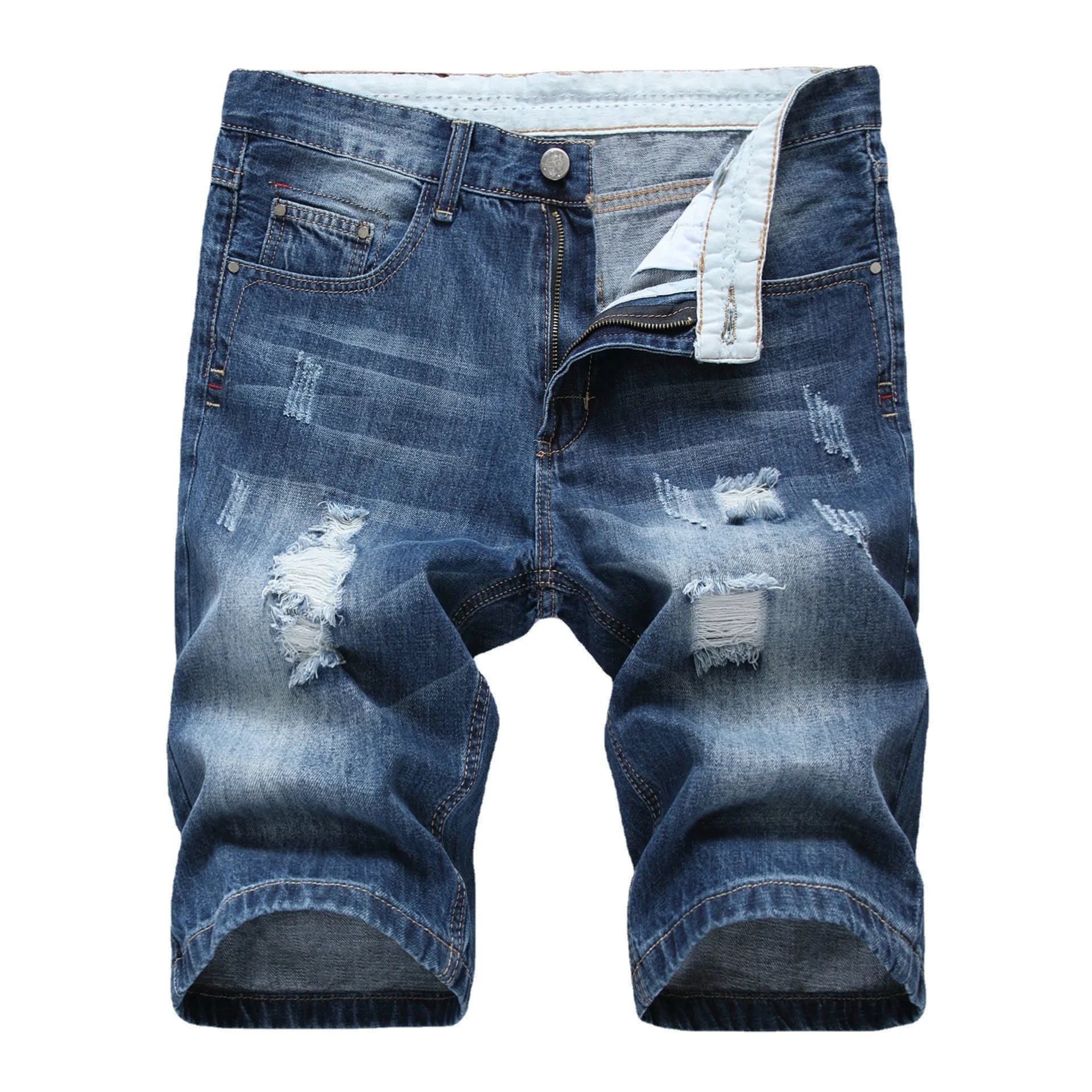 New Summer Vintage Washed Men Denim Shorts Casual Fashion Street Wear Ripped Hole Patches Distressed Male Straight Jeans Shorts