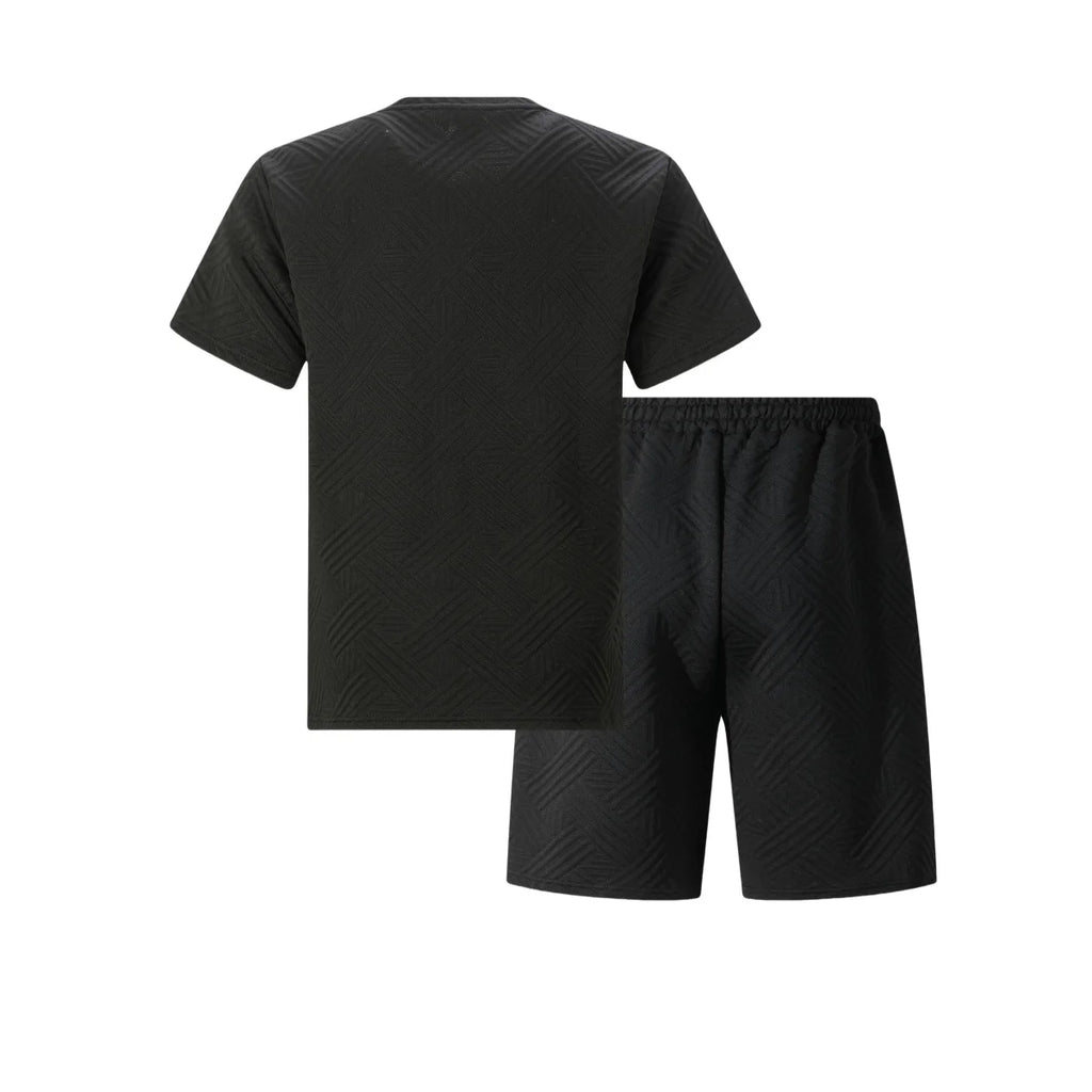 2026 Men's Summer Beige Geometric Textured 2 Piece Set Crew Neck Short Sleeve T-Shirt & Drawstring Shorts Tracksuit