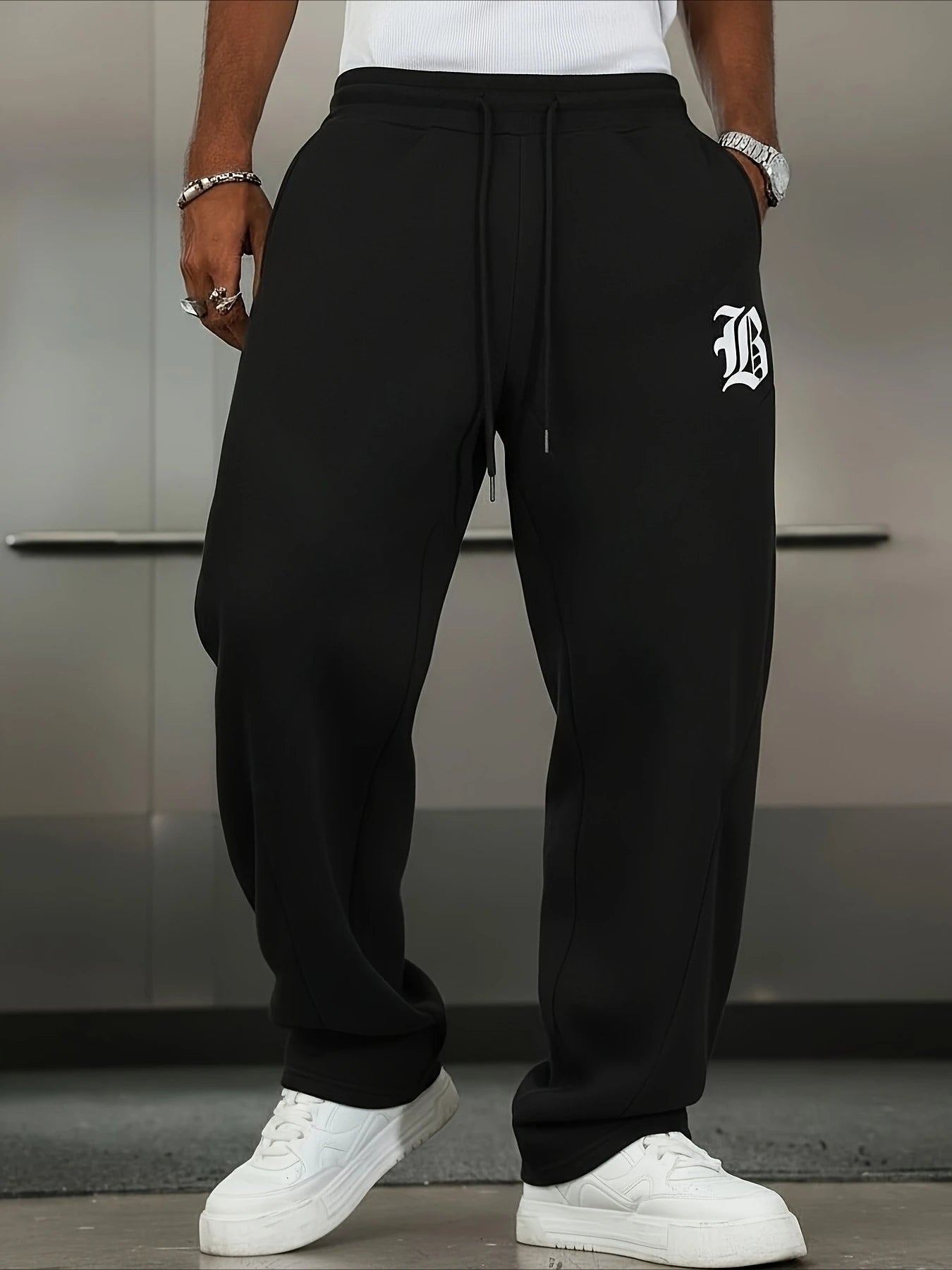 Men's Casual Pants, Stretch Solid Color Trousers, Loose Fit, Printed Pattern with Pockets, Elastic Waistband with Drawstring