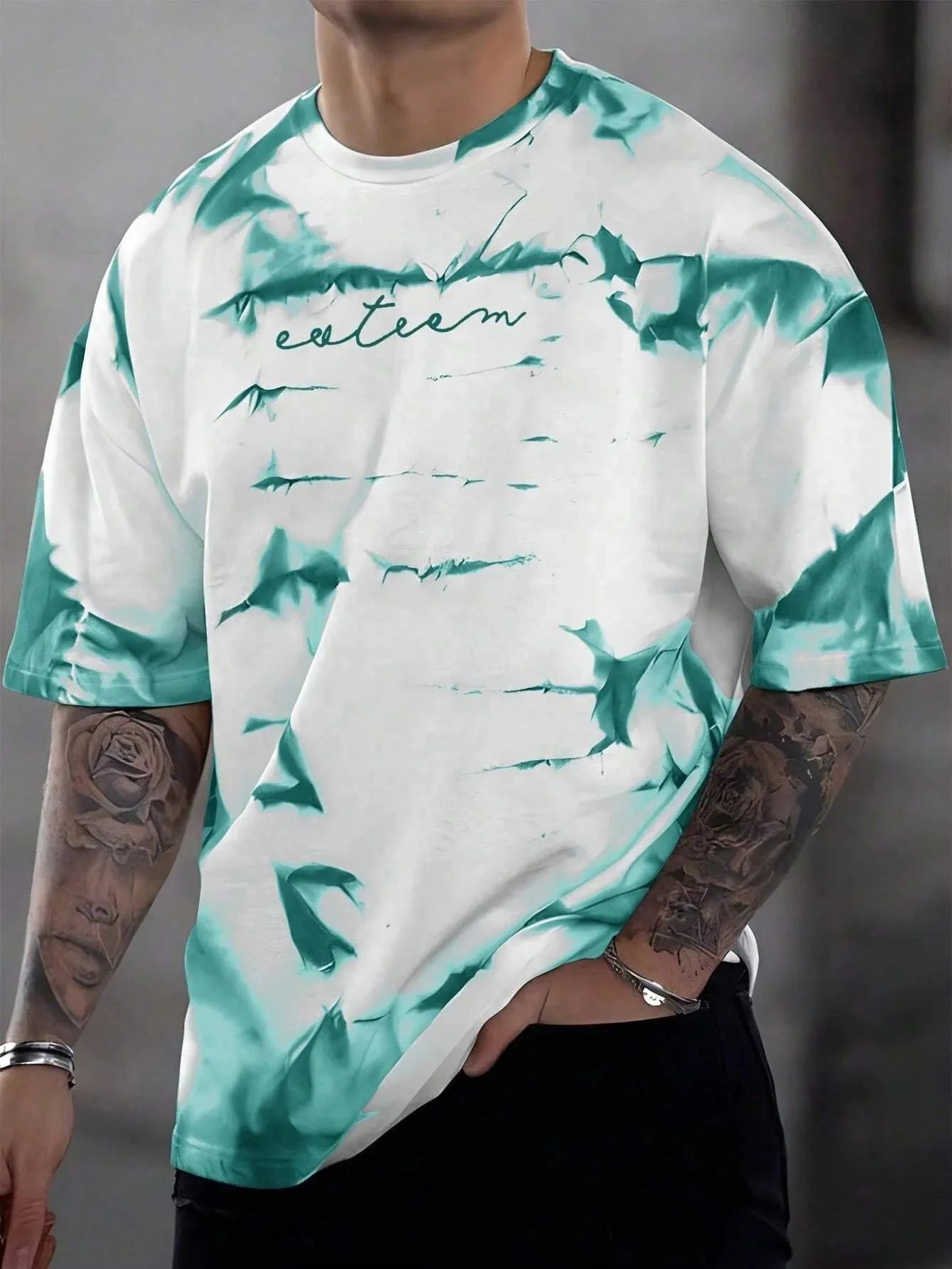 Summer Men's Breathable Comfortable and Fashionable Tie Dye Letter Pattern Round Neck T-Shirt Suitable for Outdoor Sports Wear