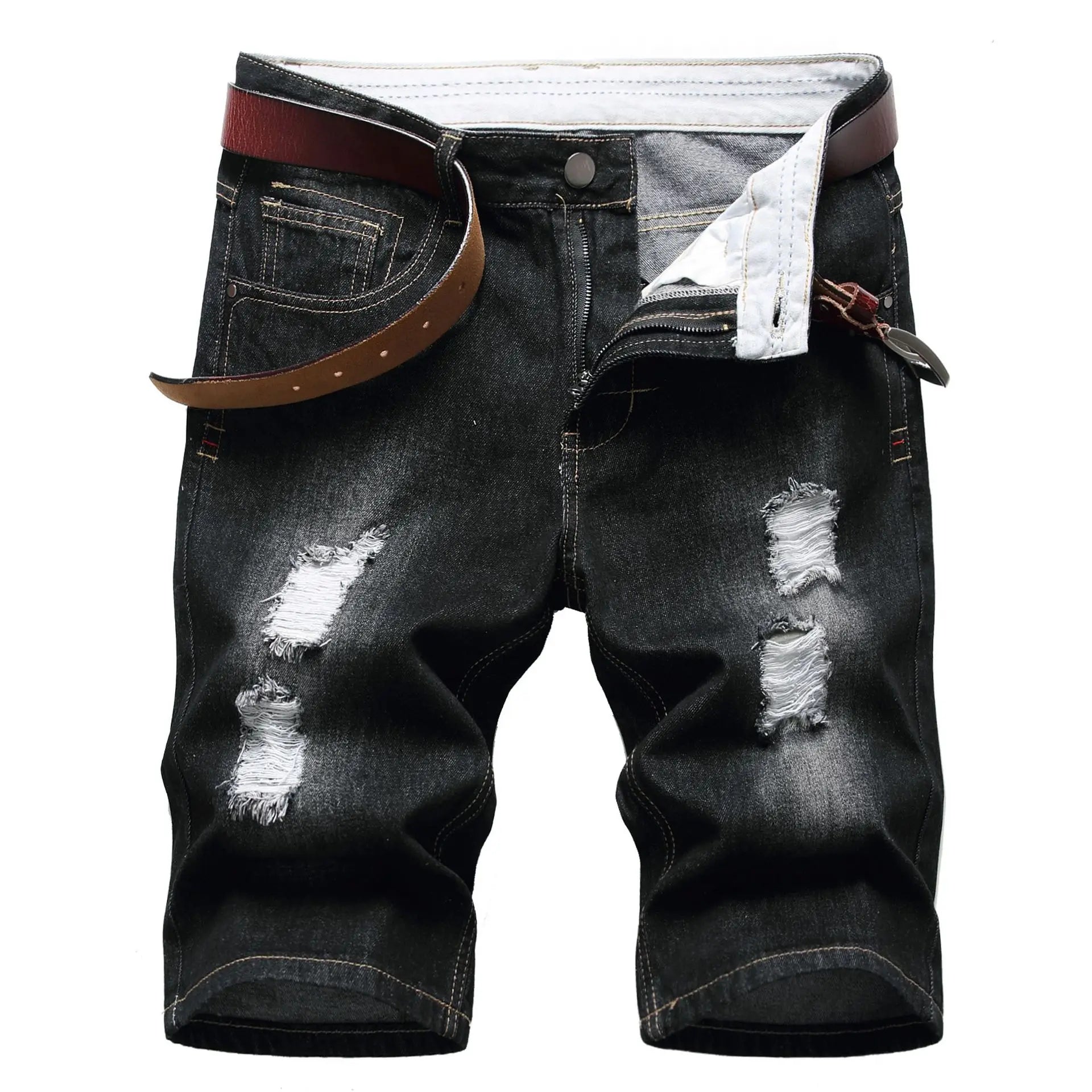 New Summer Vintage Washed Men Denim Shorts Casual Fashion Street Wear Ripped Hole Patches Distressed Male Straight Jeans Shorts