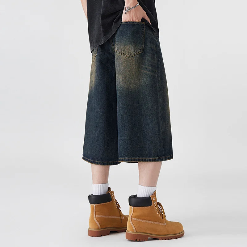 Men's Non-Elastic Denim Seven-Five Shorts Loose Wide Leg Fit Versatile Simple Style Casual Shorts