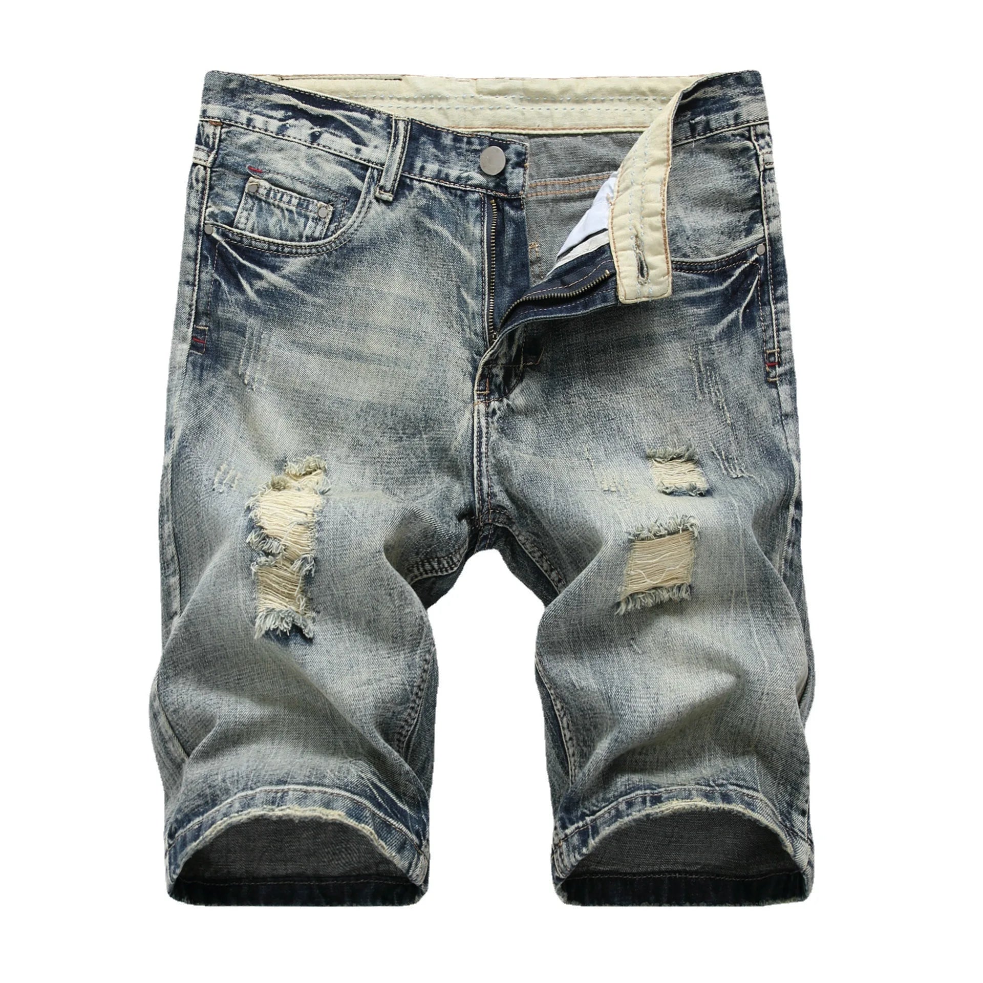 New Summer Vintage Washed Men Denim Shorts Casual Fashion Street Wear Ripped Hole Patches Distressed Male Straight Jeans Shorts