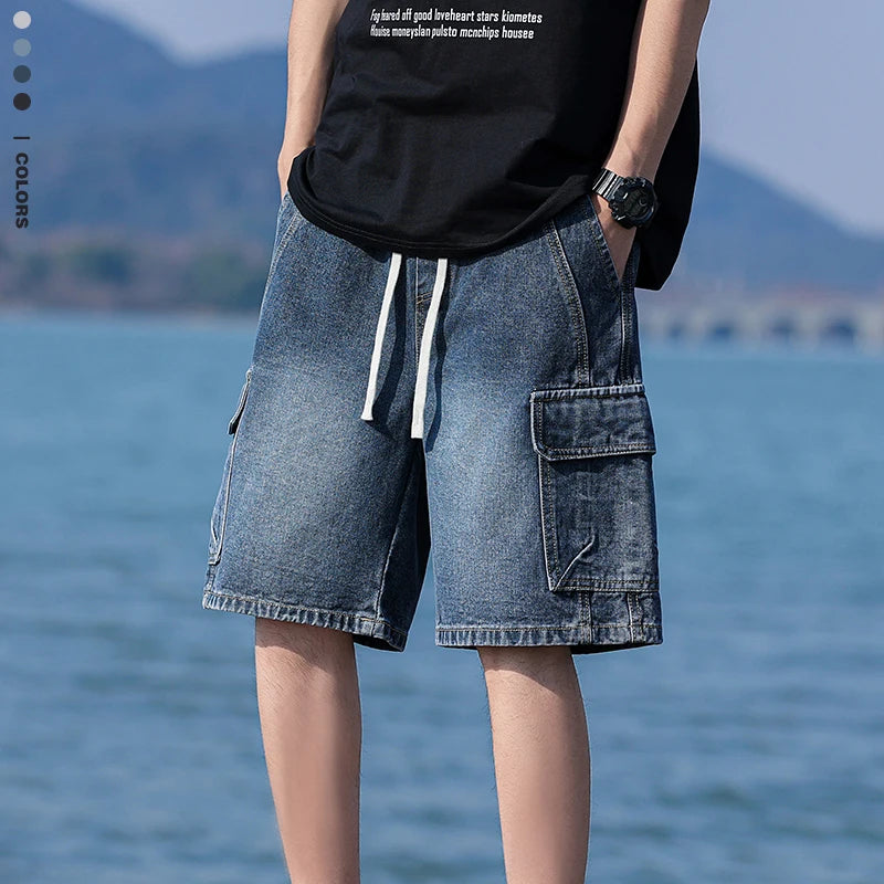 Vintage Blue Men's Denim Shorts Summer New Large Pocket Loose Wide Leg Cargo Jeans Knee Length Elastic Waist Casual Shorts