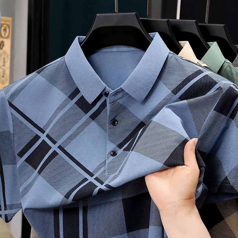 Mens Short Sleeve Big Tartan Diagonal Grid Printed Polo Tees Two Tone Placket Buttons Slim Fit Fashion Tops For Men