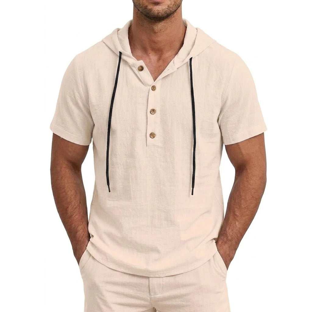 Men's Linen Hooded Short Sleeve Shirt
