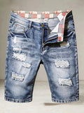 Men's Casual Spring/Summer Denim Shorts - Distressed Denim Shorts with Frayed Edges and Patchwork Details, Fashionable Street-St