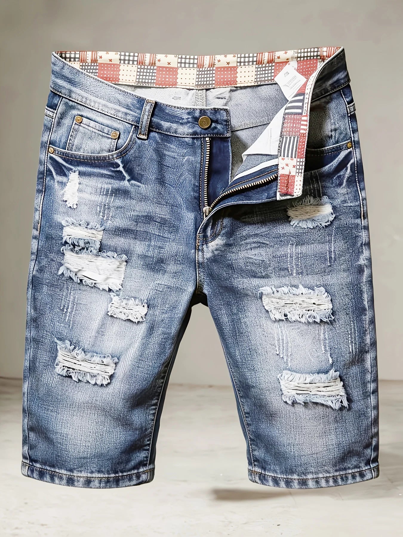Men's Casual Spring/Summer Denim Shorts - Distressed Denim Shorts with Frayed Edges and Patchwork Details, Fashionable Street-St