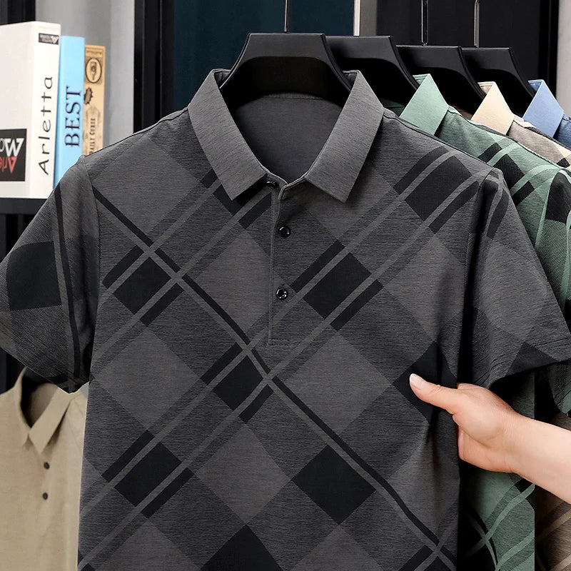 Mens Short Sleeve Big Tartan Diagonal Grid Printed Polo Tees Two Tone Placket Buttons Slim Fit Fashion Tops For Men