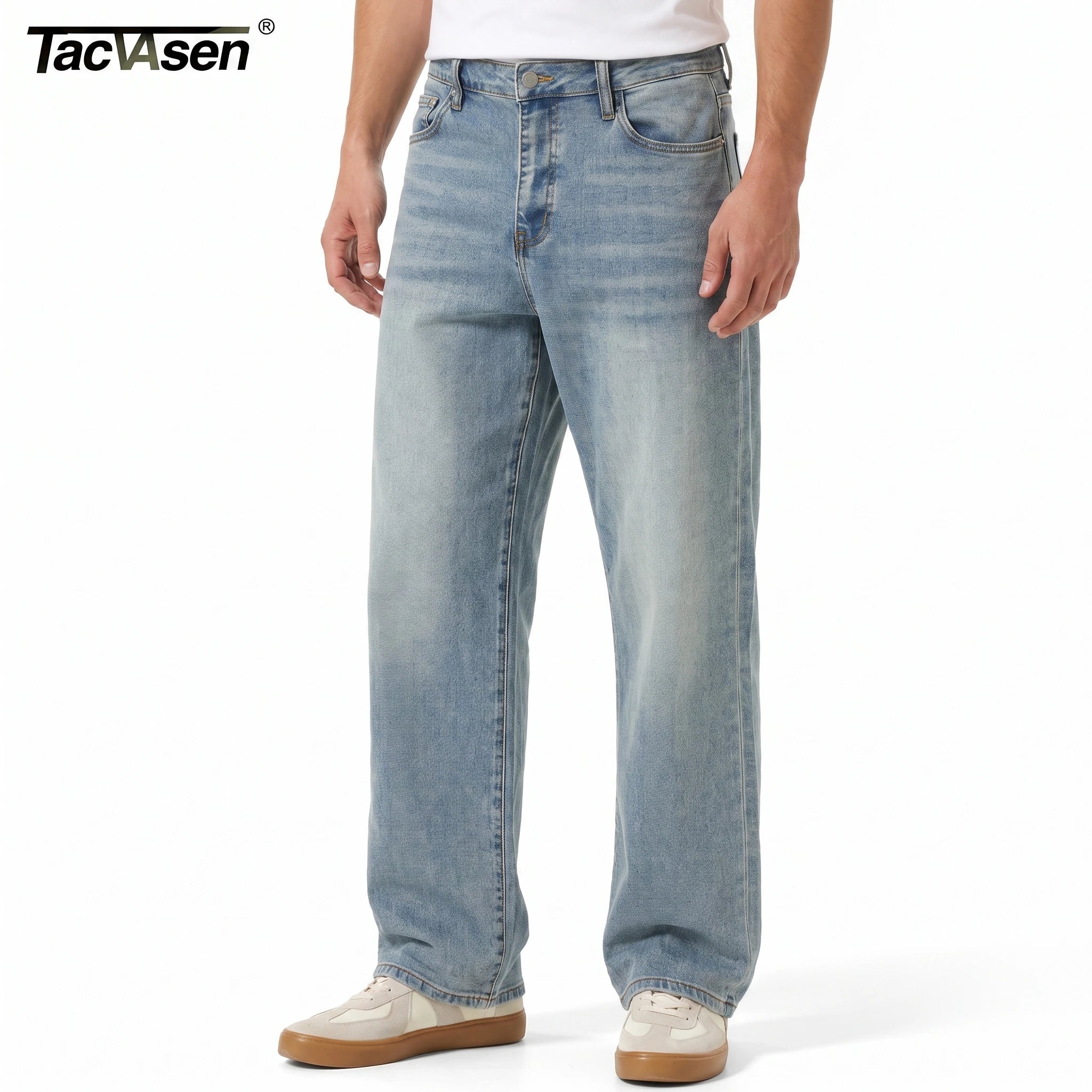 TACVASEN Summer Men's Denim Pants Washed Male Vintage Jeans Straight Casual Menwear Loose Faded Distressed Trousers New Fashion