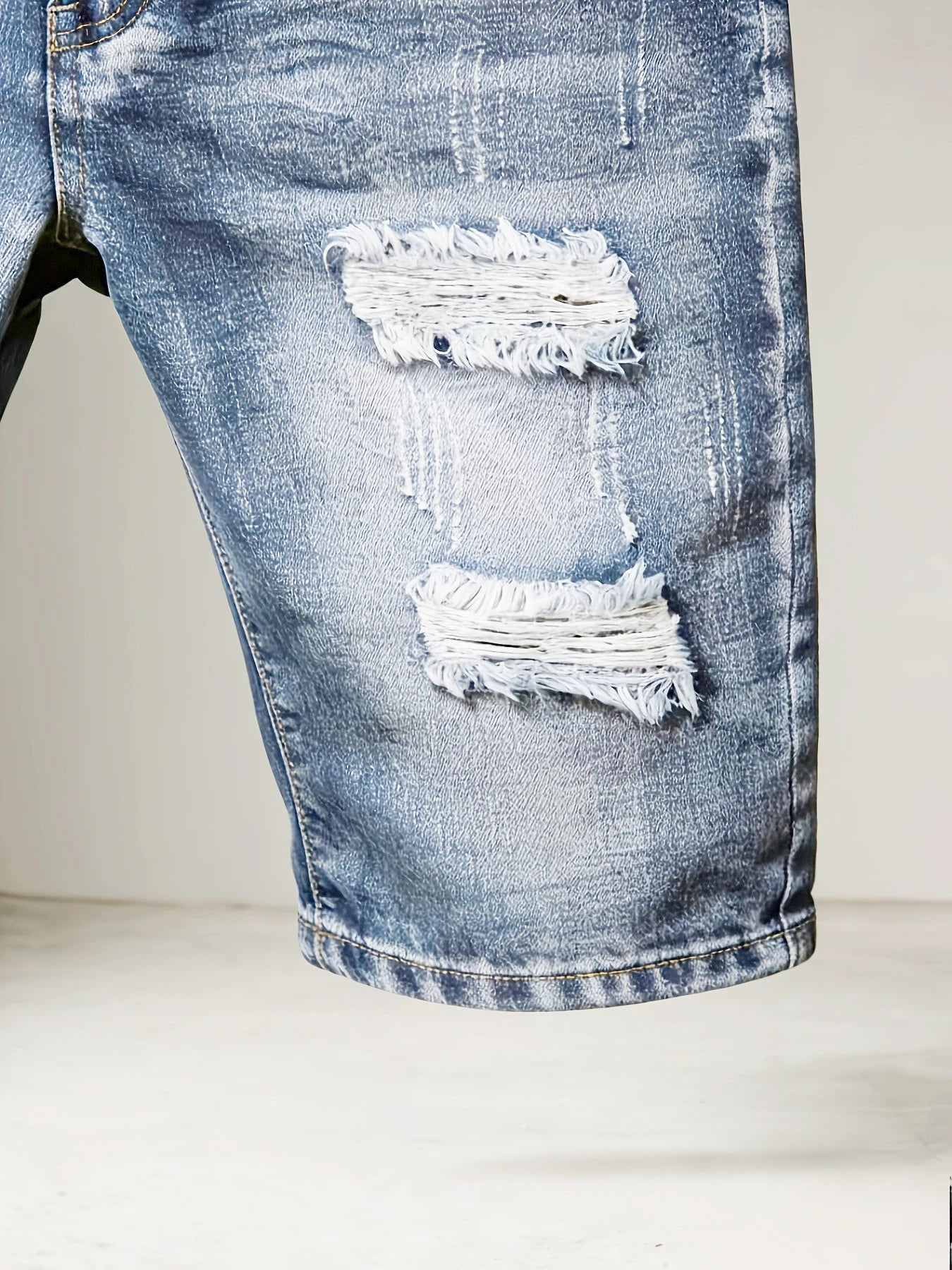Men's Casual Spring/Summer Denim Shorts - Distressed Denim Shorts with Frayed Edges and Patchwork Details, Fashionable Street-St
