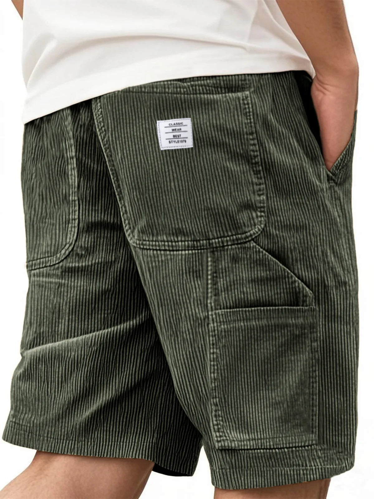 2026 Summer Men's Retro Corduroy Workwear Shorts Elastic Waist Multi-Pocket Casual Shorts Embroidery Daily Shorts For Male