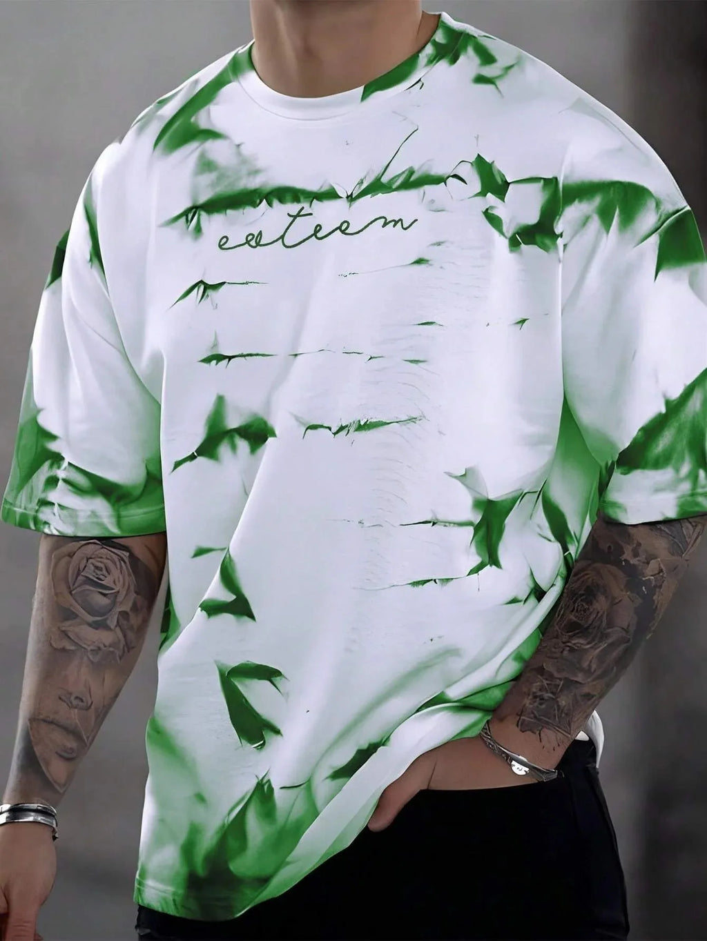 Summer Men's Breathable Comfortable and Fashionable Tie Dye Letter Pattern Round Neck T-Shirt Suitable for Outdoor Sports Wear