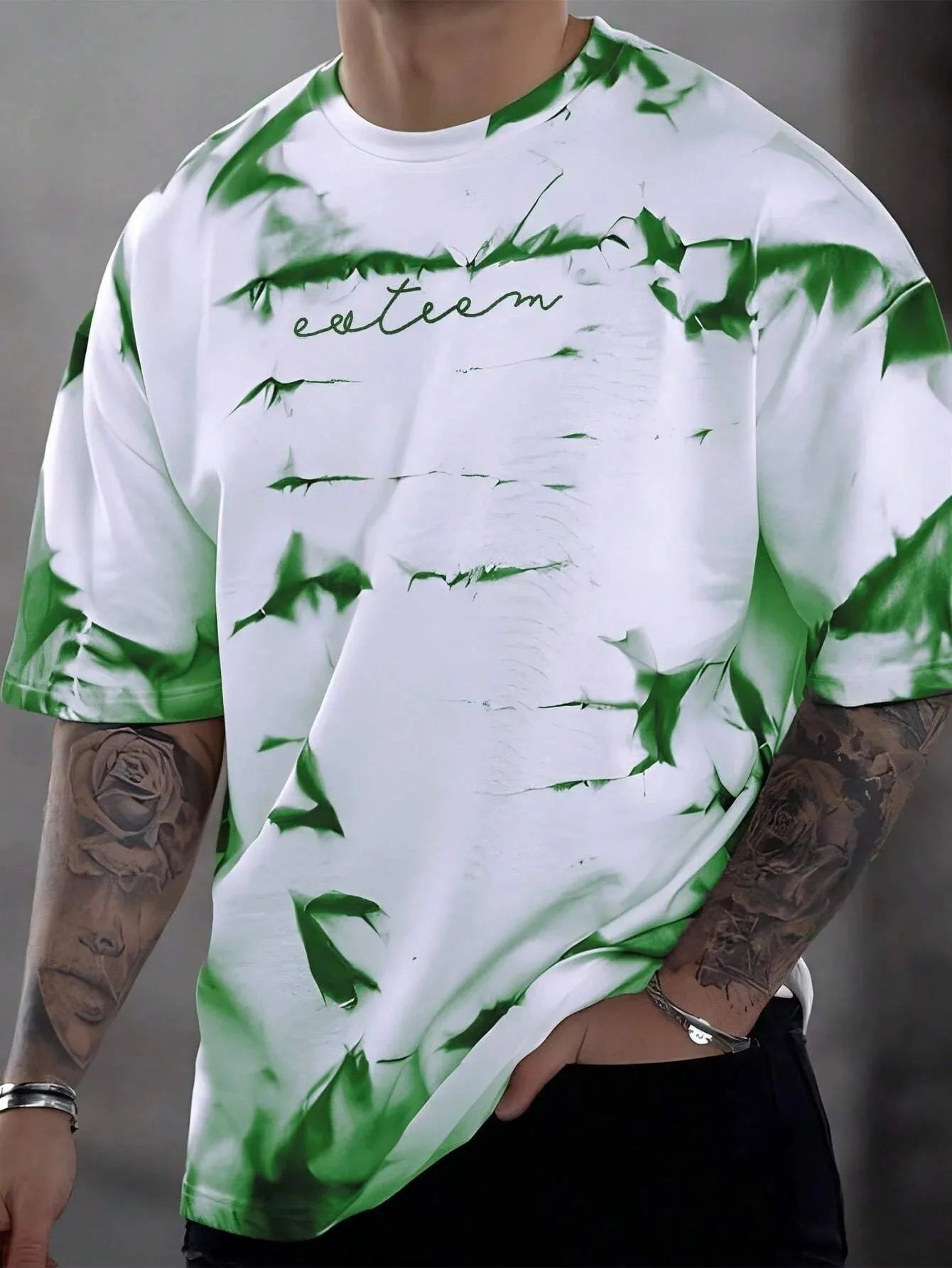 Summer Men's Breathable Comfortable and Fashionable Tie Dye Letter Pattern Round Neck T-Shirt Suitable for Outdoor Sports Wear